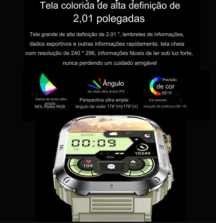 smartwatch Militar  à Prova d'Água IP68, com Tela HD de 2.01 e Reconhecimento de Voz - Compatível com Android, iOS e Xiaomi - BDZ