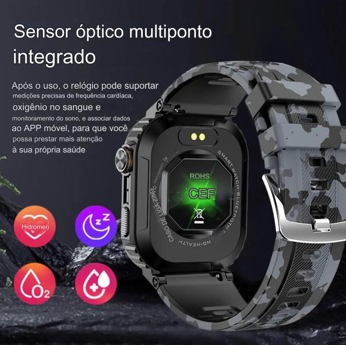 smartwatch Militar  à Prova d'Água IP68, com Tela HD de 2.01 e Reconhecimento de Voz - Compatível com Android, iOS e Xiaomi - BDZ