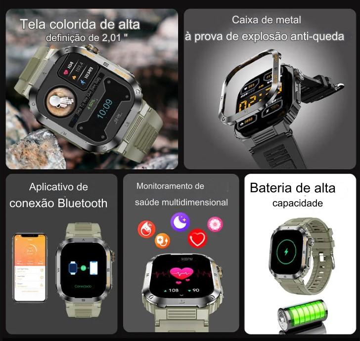 smartwatch Militar  à Prova d'Água IP68, com Tela HD de 2.01 e Reconhecimento de Voz - Compatível com Android, iOS e Xiaomi - BDZ