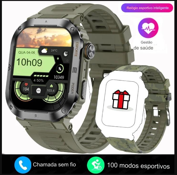 smartwatch Militar  à Prova d'Água IP68, com Tela HD de 2.01 e Reconhecimento de Voz - Compatível com Android, iOS e Xiaomi - BDZ