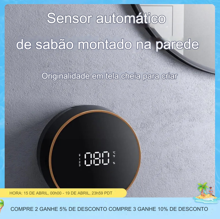 Dispensadores de Sabonete Automáticos de Parede com LED Display de Temperatura, Sensor Infravermelho Elétrico sem Contato para Espuma e Líquido - BDZ