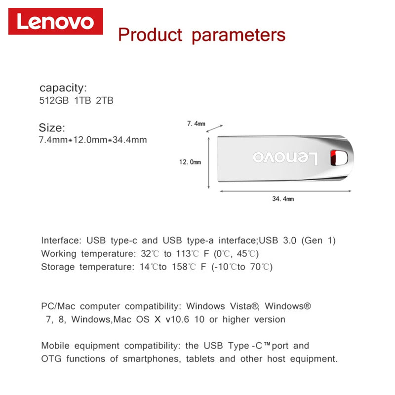 Pen Drive da LENOVO USB 3.0 de 512GB, 1TB, 2TB - BDZ