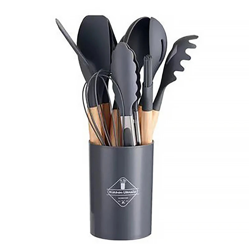 Conjunto Premium de Utensílios de Cozinha: 12 Peças em Silicone com Cabo de Madeira - Antiaderentes e Versáteis - Inclui Espátula, Pá, Batedores de Ovos e Mais - BDZ