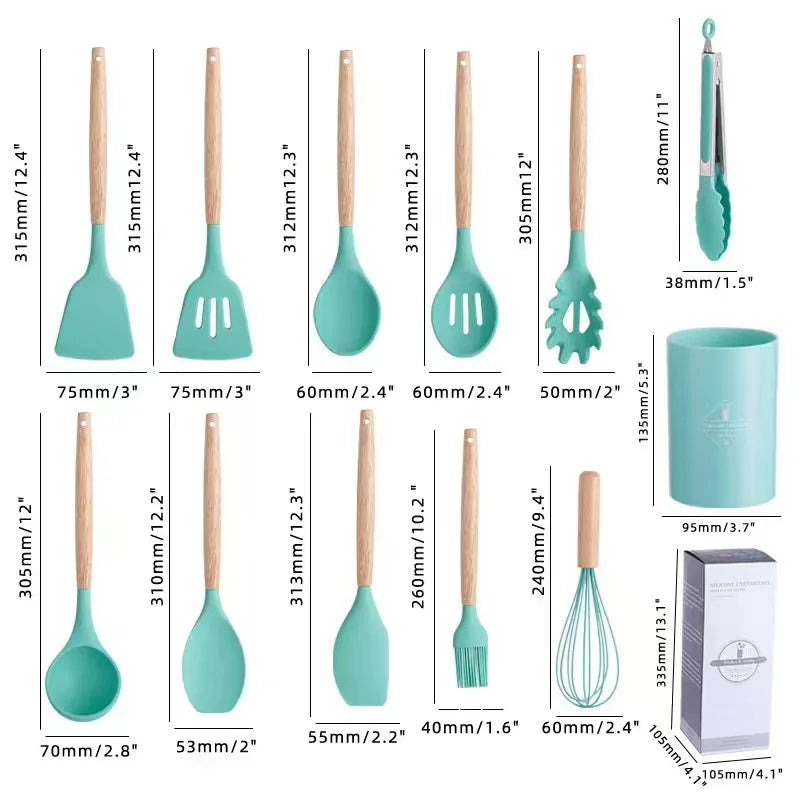 Conjunto Premium de Utensílios de Cozinha: 12 Peças em Silicone com Cabo de Madeira - Antiaderentes e Versáteis - Inclui Espátula, Pá, Batedores de Ovos e Mais - BDZ